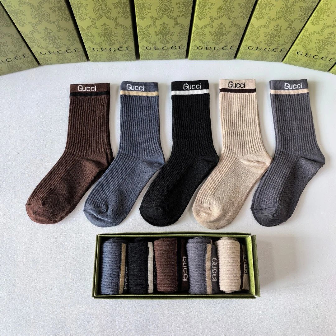 Gucci Sock 【Five Pairs Per Box】Classic Letters logo Pure Cotton Mid-Calf Slouch Socks Breathable Fashionable25ss New Cotton Socks Thin Business Sports Casual Spring Summer Autumn Versatile Deodorant Sweat-Absorbing