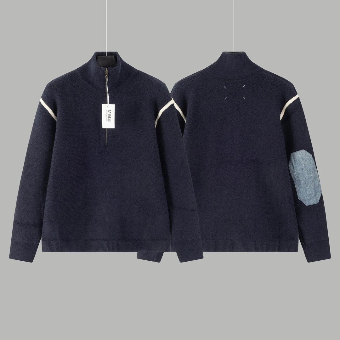 Maison Margiela Sweater Denim Patch Sleeve Half-Zip Pullover Sweater Long Sleeve Thickened Lazy Style OS Loose Fit Unisex Knit Top Jacket Versatile Casual Wearable Inside and Outside