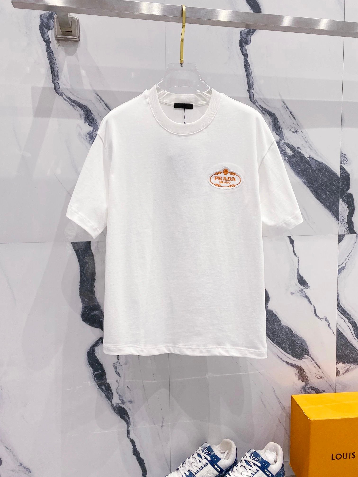 PRADA T-shirt Crown Embroidery Small Letters LOGO Logo Crew Neck Short Sleeve Pure Cotton Unisex T T-shirt OS Loose Fit Casual T-Shirt