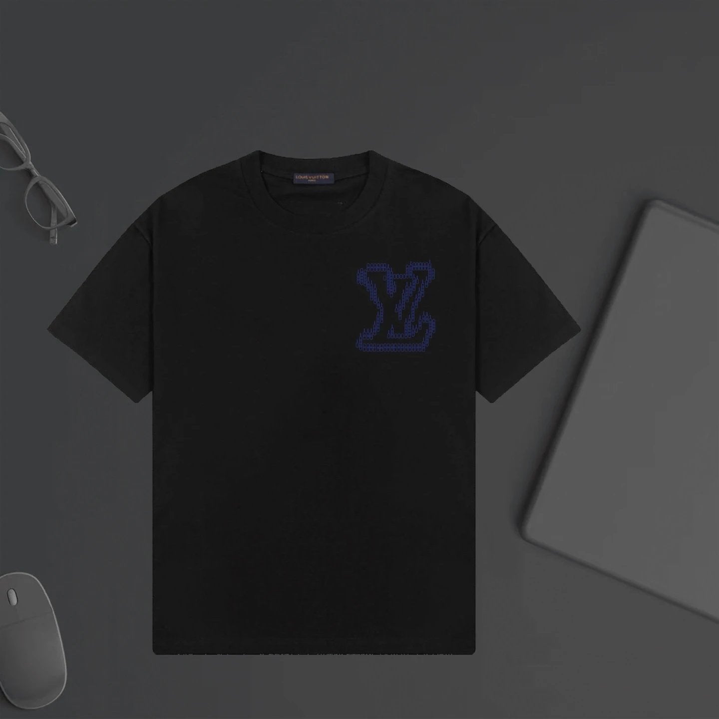 Louis Vuitton LV T-shirt Chest with Fuzzy Letter Print logo round Neck Short Sleeve25ss New pure cotton T Unisex T-Shirt OS Drop Shoulder Loose Fit Base Shirt Top T-Shirt Short Sleeve