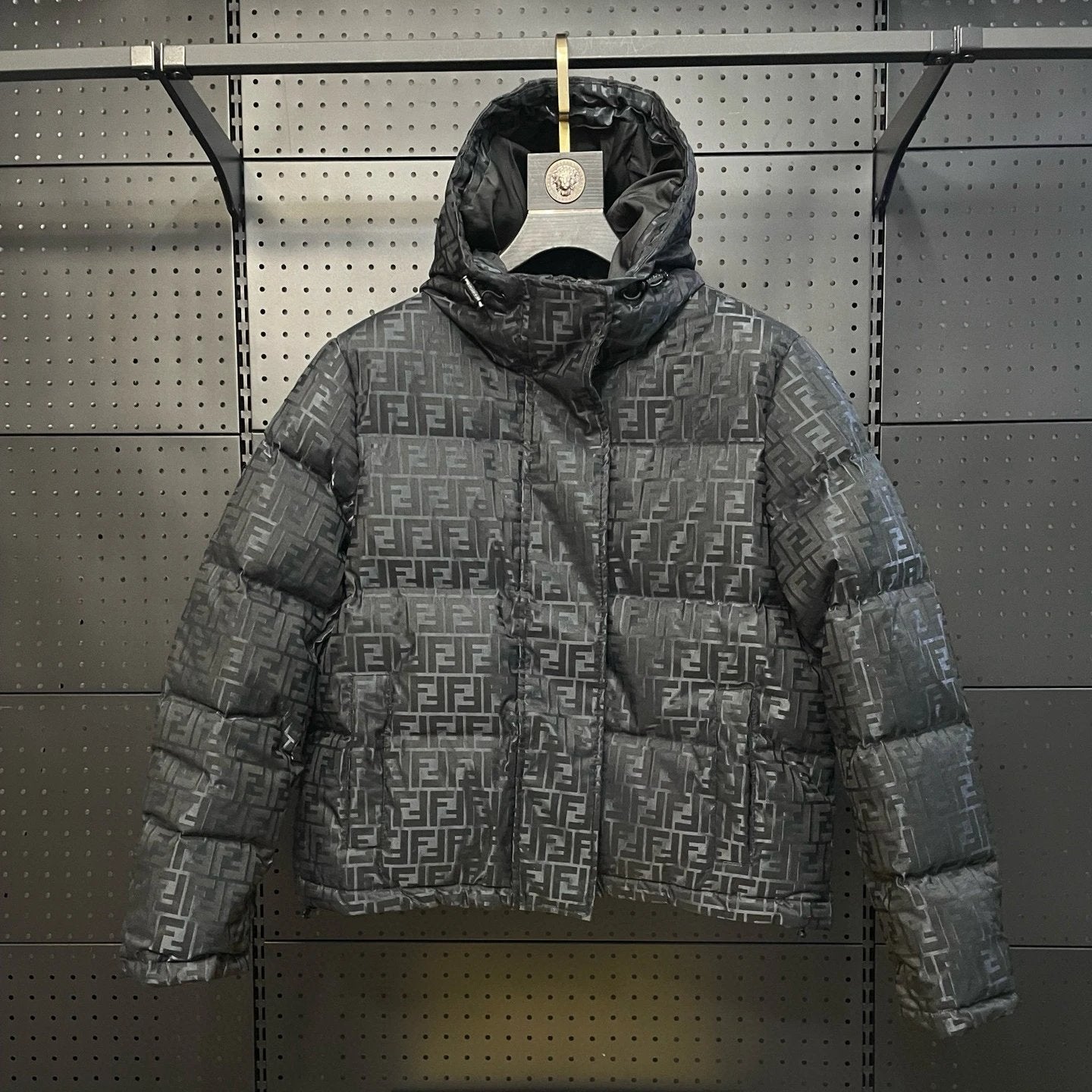 FENDI Down jacket Top Version New Dark Pattern Presbyopic Letters logo Hooded down Jacket Men's Casual Warm Jacket Women