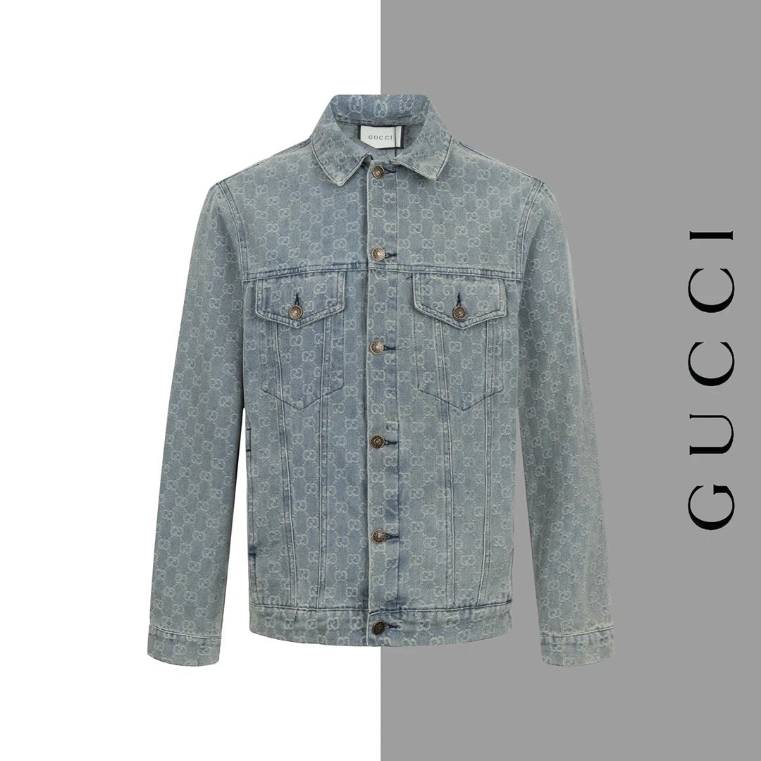 Gucci Jackets Dark Pattern Jacquard Vintage Washed Denim Jacket Unisex Autumn Winter New Sports Casual Loose Fit Versatile