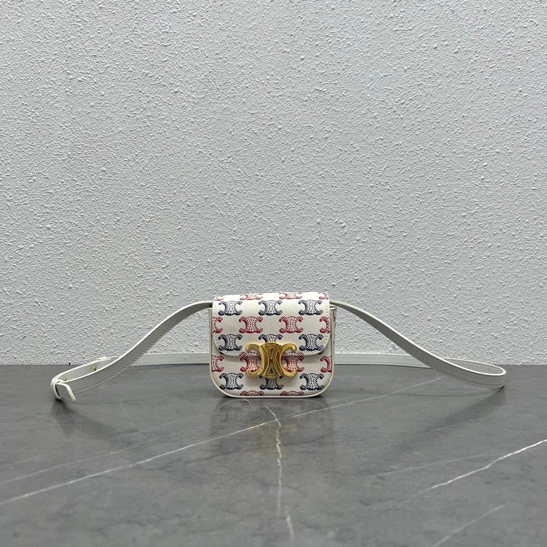 Celine women's bag Top version 【Kowloon Leather Original Leather】2022Spring New Super mini Triomphe Small Waste Bag11cmTriomphe Arc De Triomphe mini Earphone Bag Small Waste Bag2023New Color Cherry Blossom Pink New Women's Bag Shoulder Bag Messenger Bag S