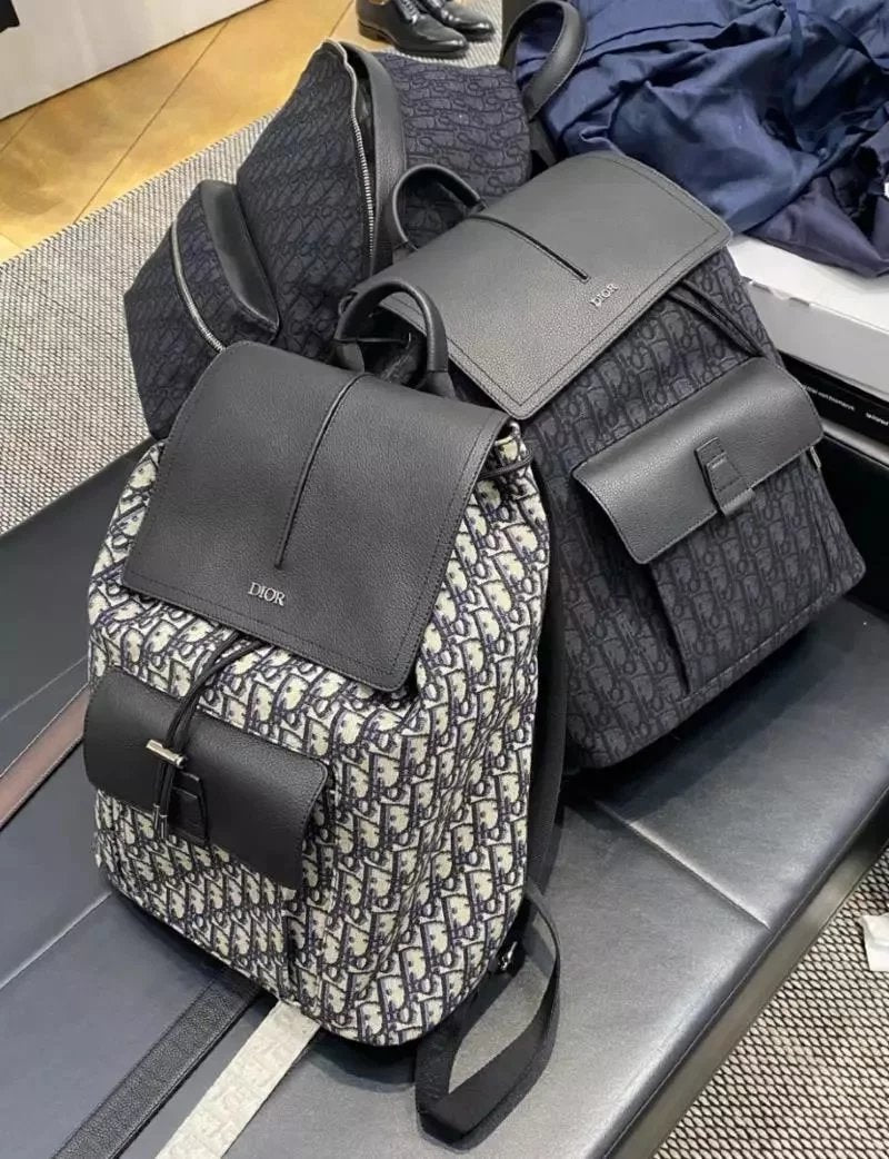 Dior Backpack Top version 【Huanglai Leather Original Leather】New Men's Motion Backpack Sports Bag Travel Bag Men's and Women's Bags Retro Hiking Backpack Black ObliqueMirage Printing Technology Fabric New Counter Synchronous Backpack