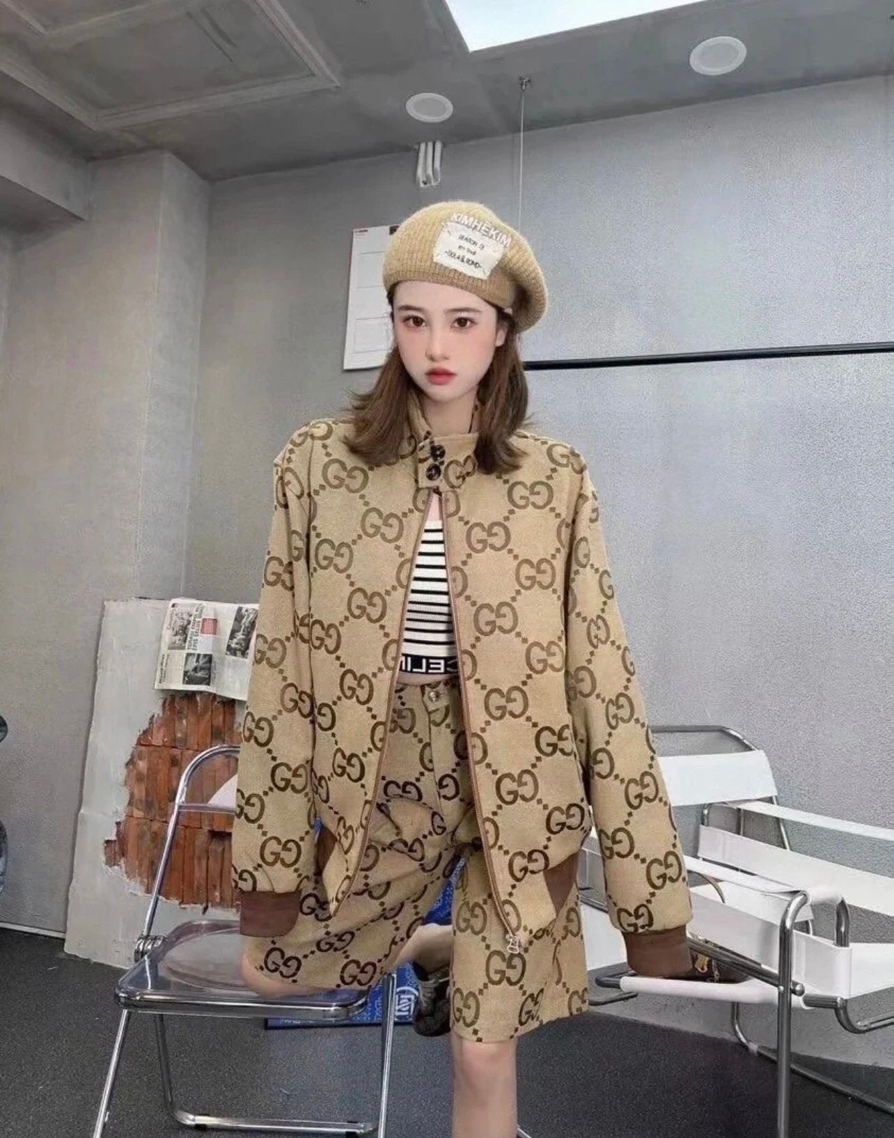 Gucci Jackets 24FW Double G Large Jacquard Stand Collar Jacket Coat Unisex