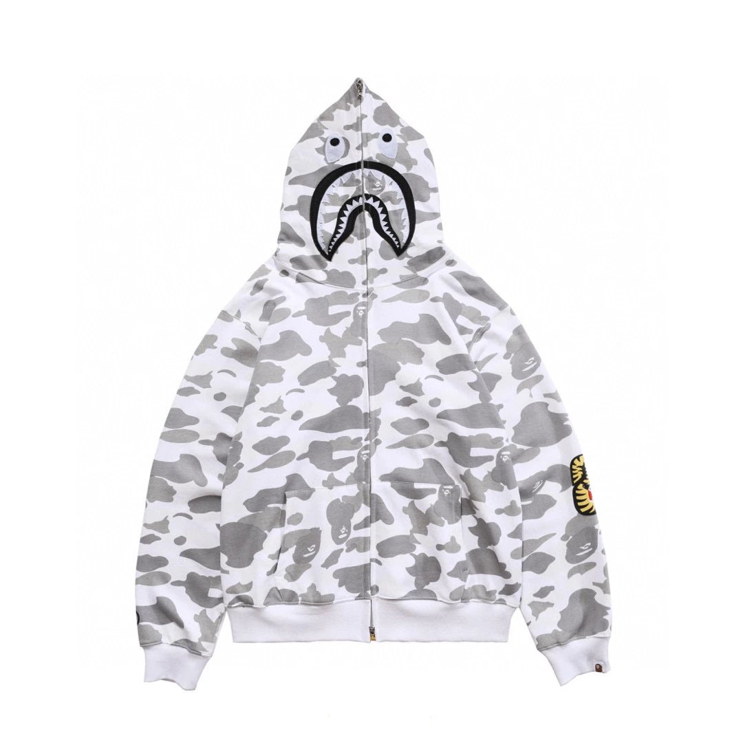 Bape Hoodie Top Version Correct Version Japanese Style Fashion Brand Camouflage Shark Head Hooded Sweater Loose Fleece-lined Limited Coat for Men and Women