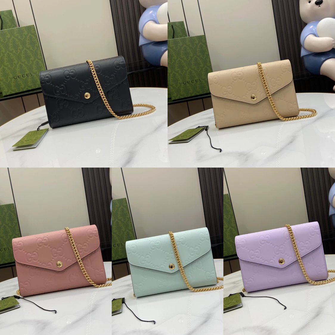 Gucci Women's Bag Top version 【Super Original Leather】2024New Ophidia Series Mini Chain Bag Handbag Embossed Original Leather woc Short Chain Pouch Wallet20cm Model：781555