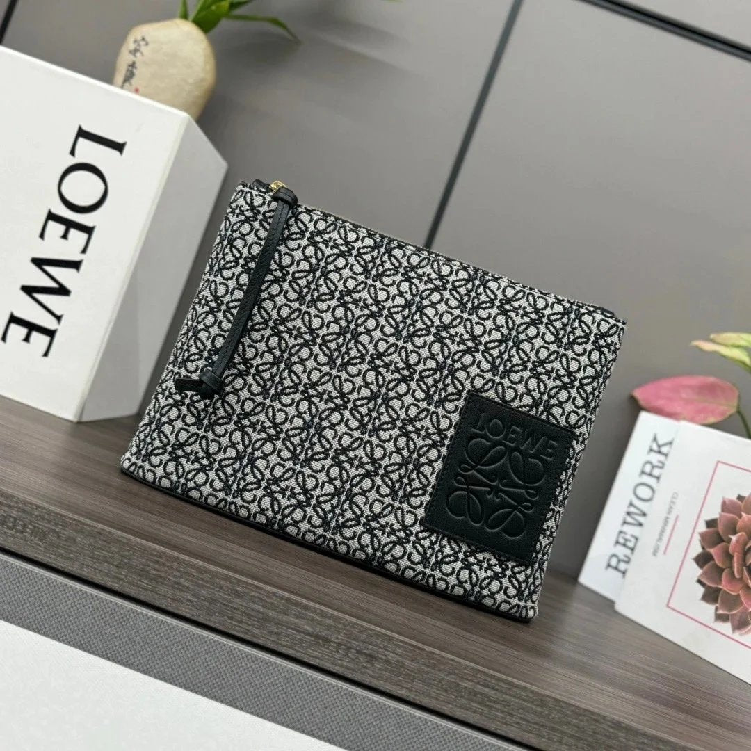 LOEWE Men's Bag Top version 【Original Leather Version】New Jacquard Canvas Clutch for Men and Women Anagram Figured Cloth and Cow Leather Rectangular Small Bag Mobile Phone Bag Storage Bag Handbag