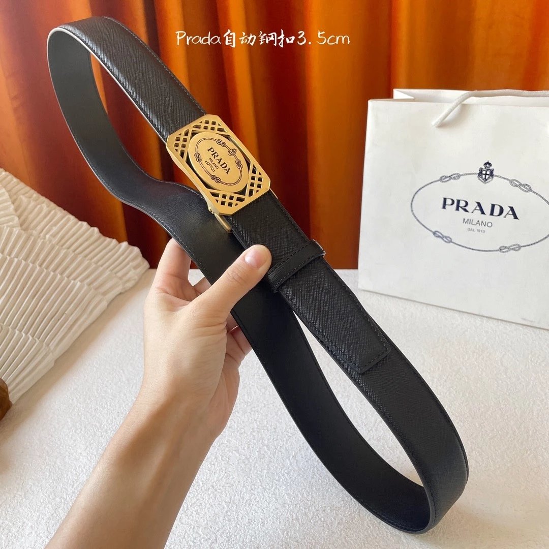 PRADA Belt Top version New Original Order Genuine Belt Men's Automatic Buckle Belt Business Casual Cross Pattern Black Coffee Double-Sided Pure Original Leather Imported from Italy Cowhide Leather