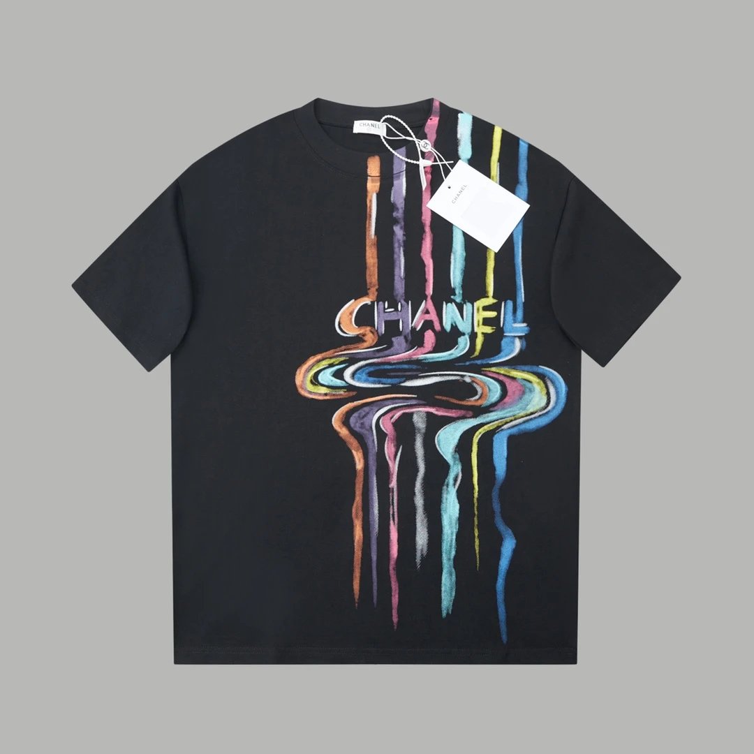 Chanel T-shirt Rainbow Pattern Print on the Chest logo round Neck Short Sleeve25ss New pure cotton T Unisex T-Shirt OS Drop Shoulder Loose Fit Base Shirt Top T-Shirt Short Sleeve