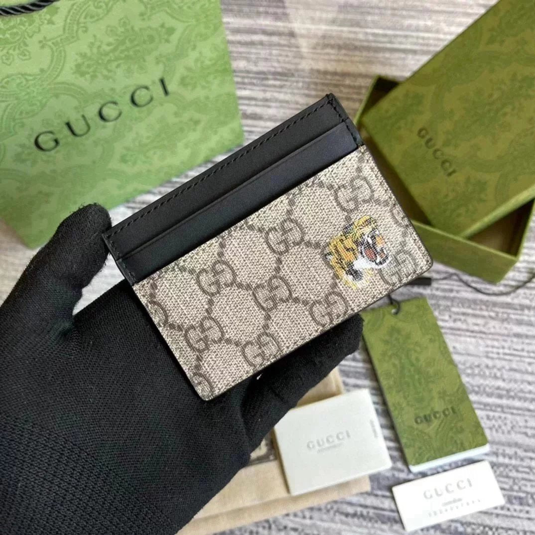 Gucci Wallet Top version 【Original Order】Tiger Head marmont Bee Print Small Card Holder Lightweight and Convenient Pair G Letters logo Genuine Leather Card Holder Card Holder Unisex