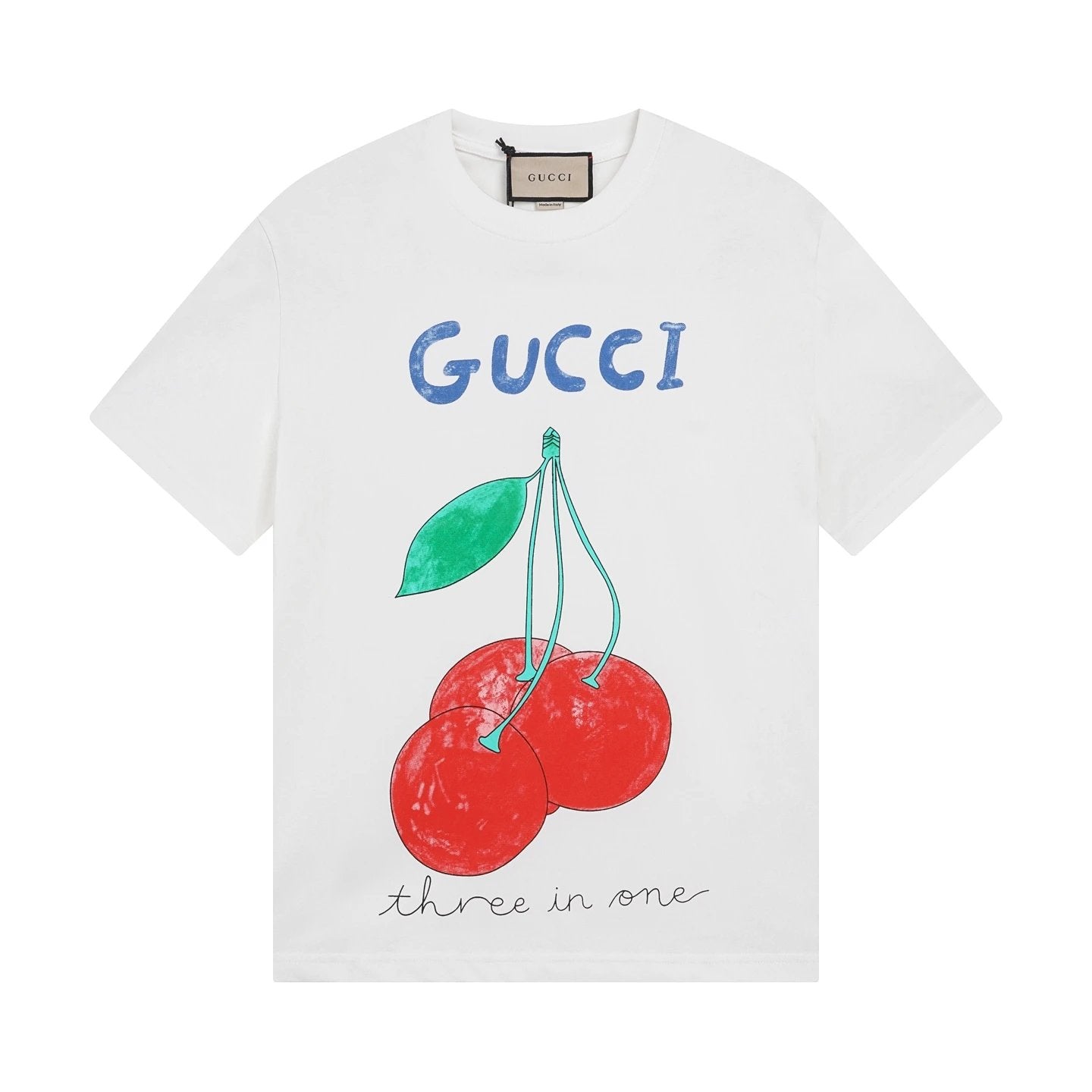 Gucci T-shirt Cherry Print on the Chest logo round Neck Short Sleeve25ss New Pure Cotton Unisex Style T T-shirt OS Loose Fit Base Shirt Half Sleeve T-Shirt Top Half Sleeve