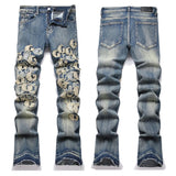 Amiri Jeans New Foreign Trade Style Fashion Blue with Holes Paste Cloth Embroidery Elastic Mid-Waist Feet Men's Jeans