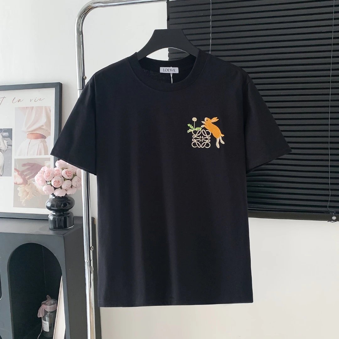 LOEWE T-shirt 25SS Early Spring New Floral Rabbit Embroidery Round Neck Short Sleeve Pure Cotton Unisex T T-shirt OS Loose Fit Base Shirt Summer Casual Simple T-Shirt