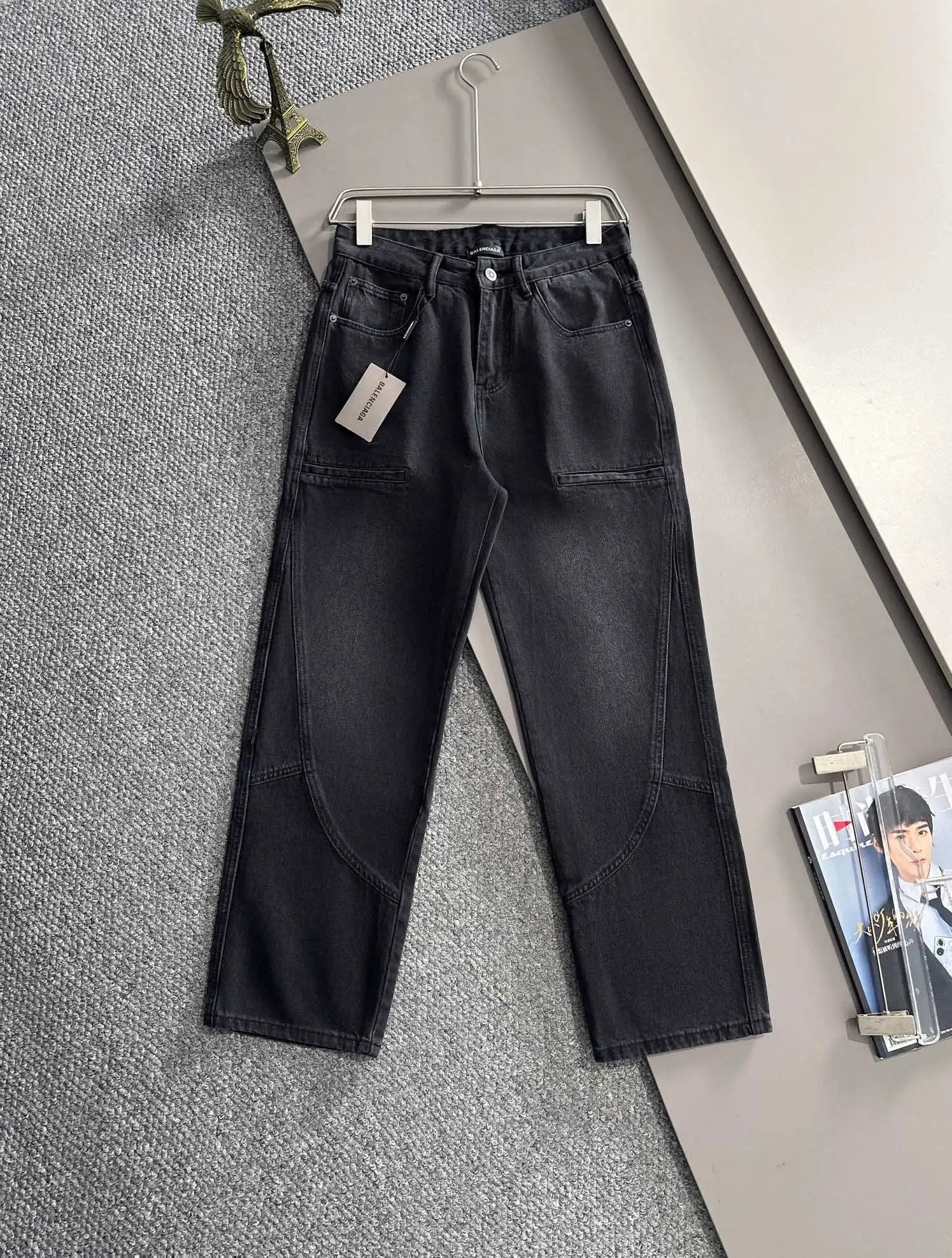 Balenciaga Jeans Back Waist Leather Tag logo Straight Washed Blue Jeans Autumn Winter New Unisex Loose Casual Wide Leg High Waist Pants