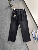Balenciaga Jeans Back Waist Leather Tag logo Straight Washed Blue Jeans Autumn Winter New Unisex Loose Casual Wide Leg High Waist Pants