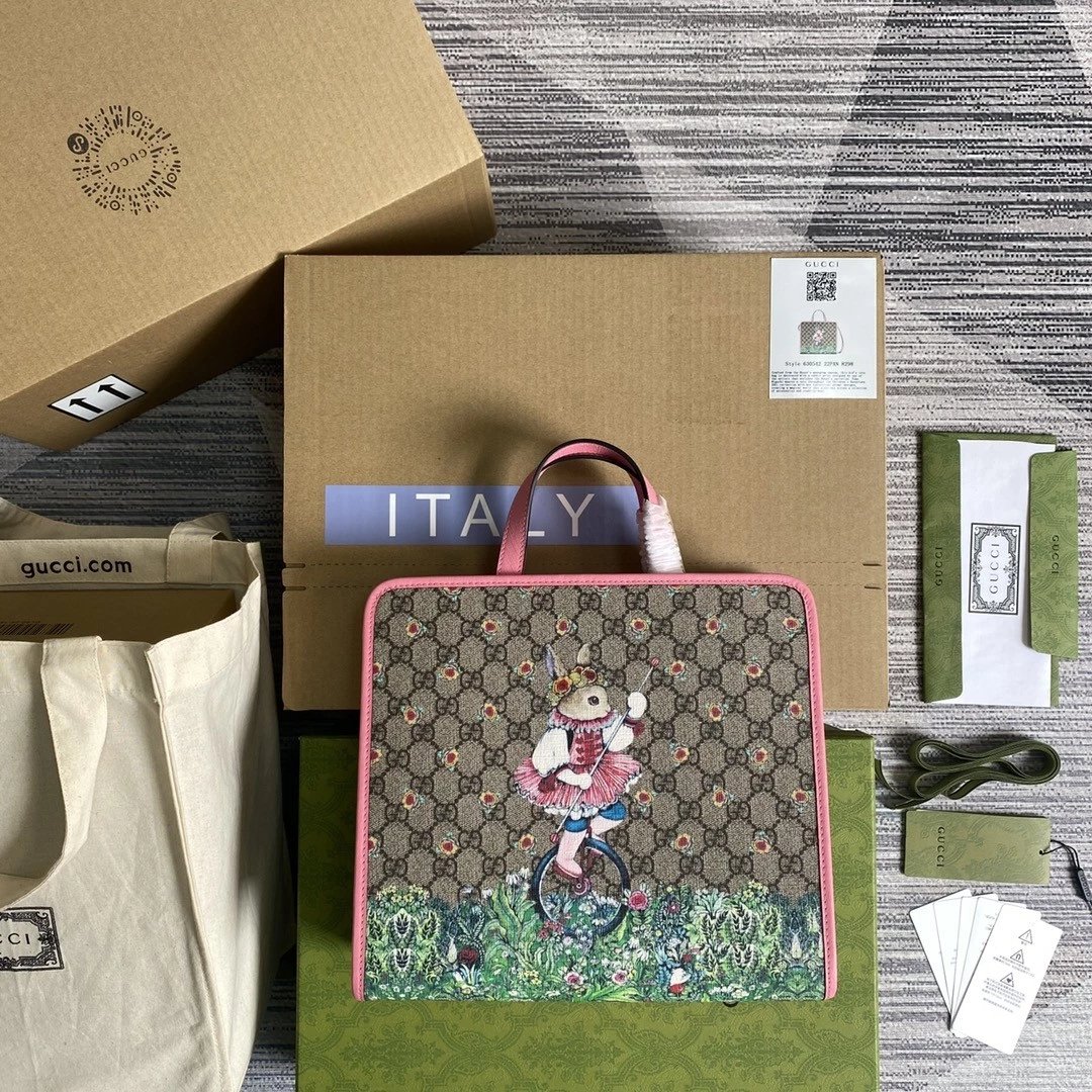 Gucci Women's Bag Top version 【**Version】2023New Children's Printing Series Tote Bag Pink Jason Pattern2024New Children's Bags Tote Package Vegetable Basket Bag605614New Sausage Dog Bichon LADYBIRD