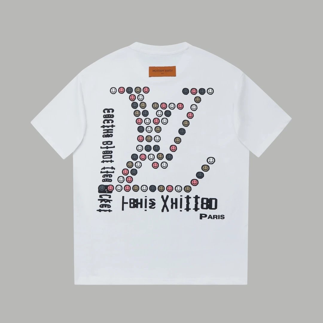 Louis Vuitton LV T-shirt Back Smiley Face Letter Print logo round Neck Short Sleeve25ss New Pure Cotton Unisex Style T Casual T-Shirt Base Layer Shirt OS Loose Fit Half Sleeve Top Plus Size