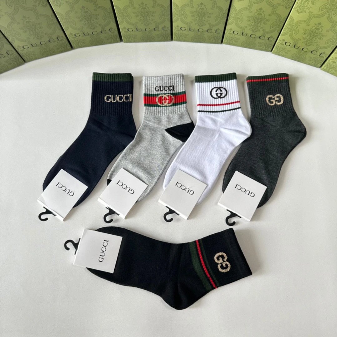 Gucci Sock 【a Box5Double】Classic Letters logo Pure Cotton Mid-Calf Slouch Socks Breathable Fashionable25ss New Cotton Socks Spring Summer Autumn Sports Casual Versatile Business Thin Deodorant Sweat-Absorbing