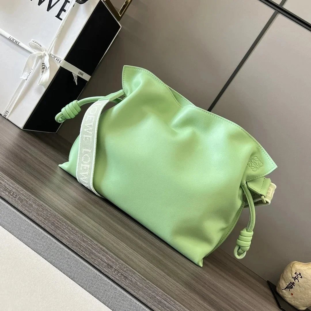 LOEWE Women's Bag Top version 【Original Leather Hardware】23New Flamenco Lucky Bag Clutch Bag Wide Shoulder Strap Lucky Bag Bag Drawstring Bucket Bag Original Napa Cowhide with Same Color Bunny Hanging Ornaments23New Lucky Bag Women's Bag