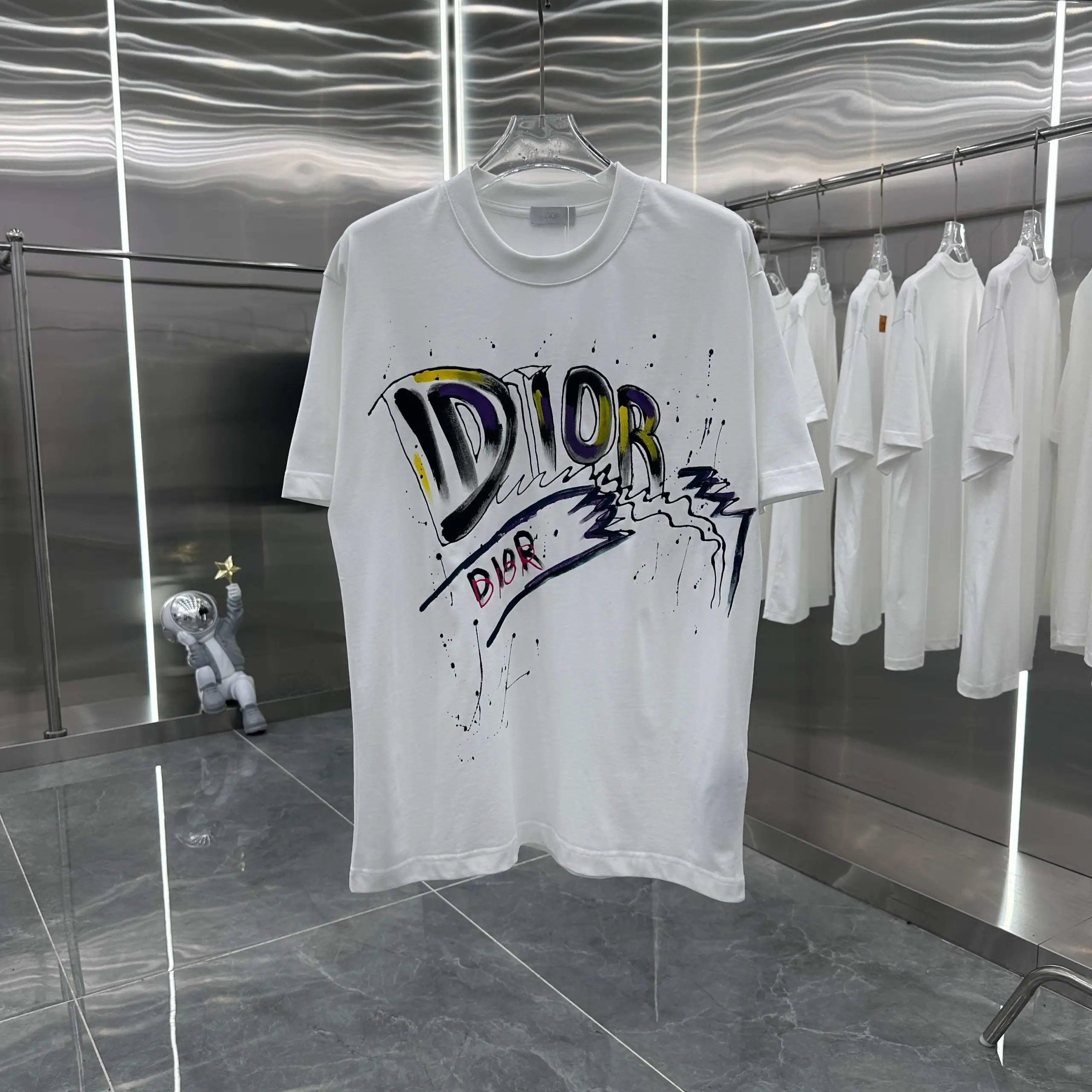 Dior T-shirt Hand-painted Ink Splash Letter Print on Chest logo round Neck Short Sleeve25ss New Pure Cotton Unisex Style T Casual T-Shirt Base Layer Shirt OS Loose Fit Half Sleeve Top Plus Size
