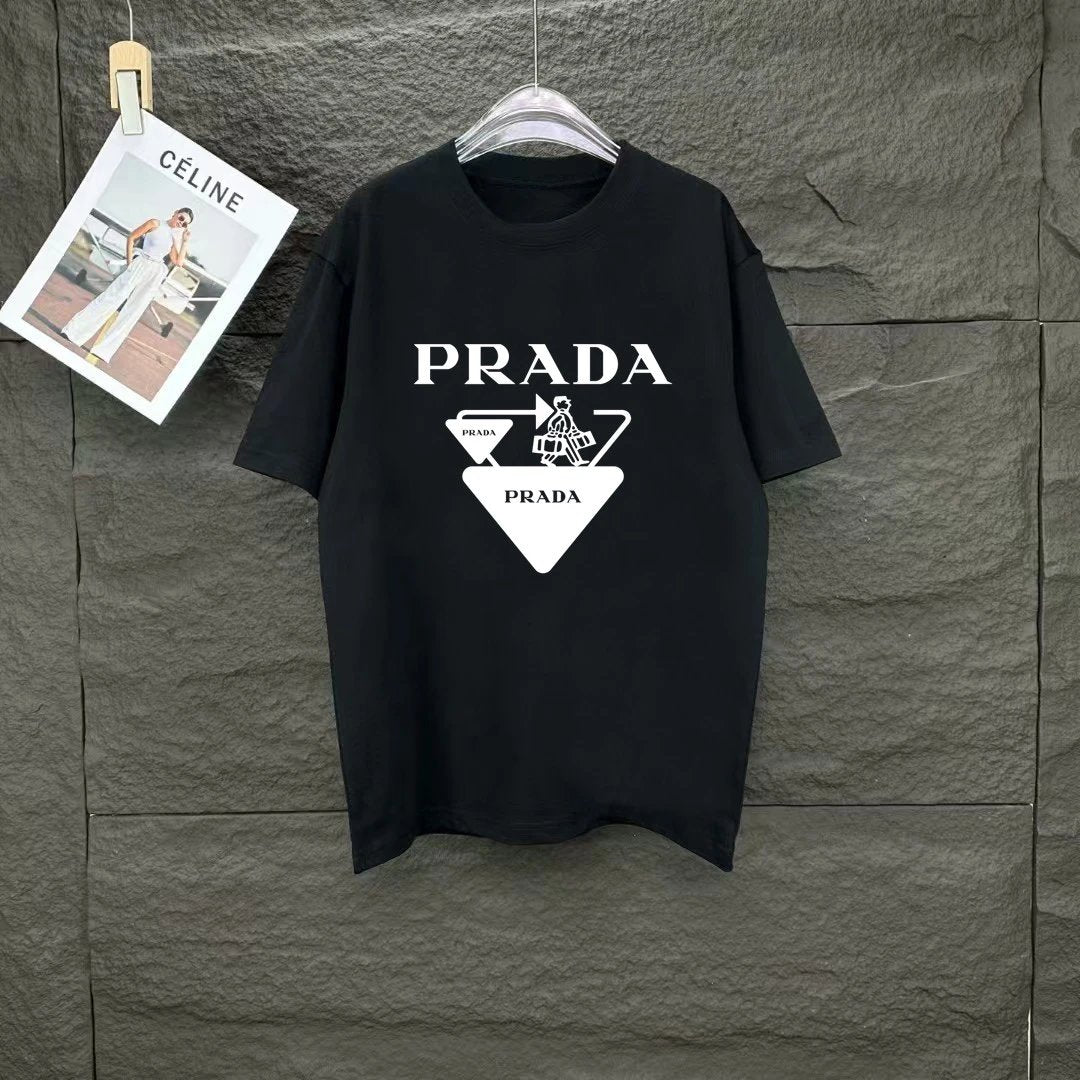PRADA T-shirt Chest Overlapping Triangle Pattern Print logo round Neck Short Sleeve25ss New pure cotton T Unisex T-Shirt OS Drop Shoulder Loose Fit Base Shirt Top T-Shirt Short Sleeve