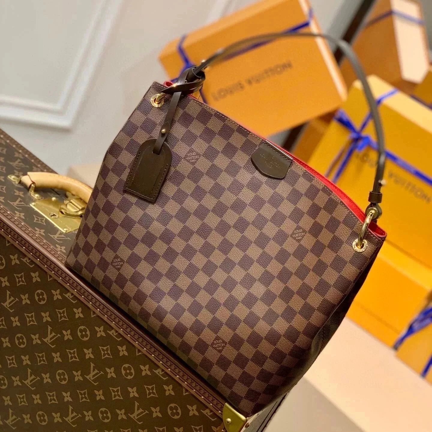Louis Vuitton LV Women's Bag Top version Internet Hot Big Bag Presbyopic Women's Bag New Graceful Small Size Handbag Tote Bag Wide Shoulder Strap Handbag Shopping Bag Shoulder Bag Messenger Bag Mummy Bag M43700M43703