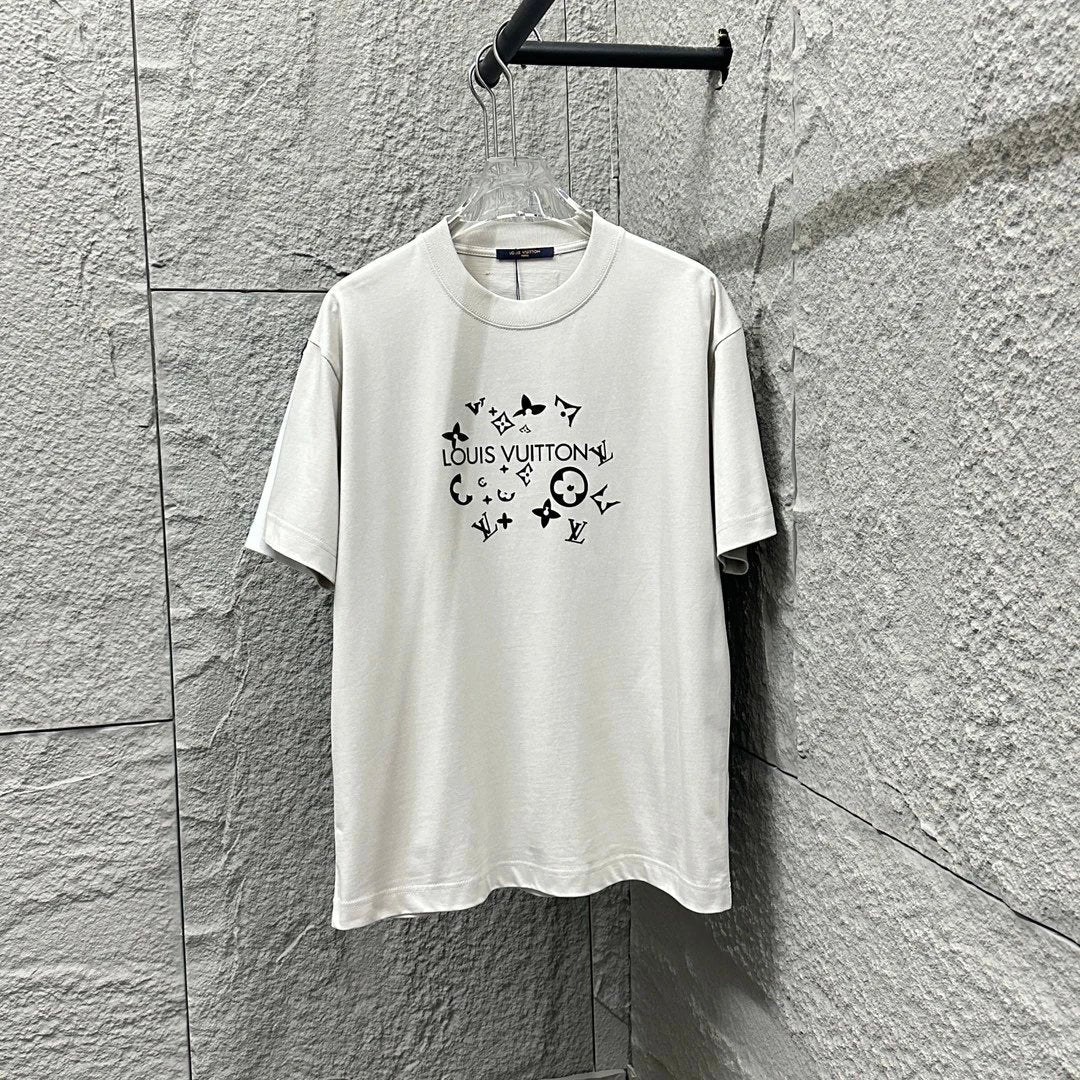 Louis Vuitton LV T-shirt Classic Circle Letter Flocking Print Crew Neck Short Sleeve Pure Cotton T T-shirt ins Unisex Simple Summer New Casual Base Shirt T-Shirt