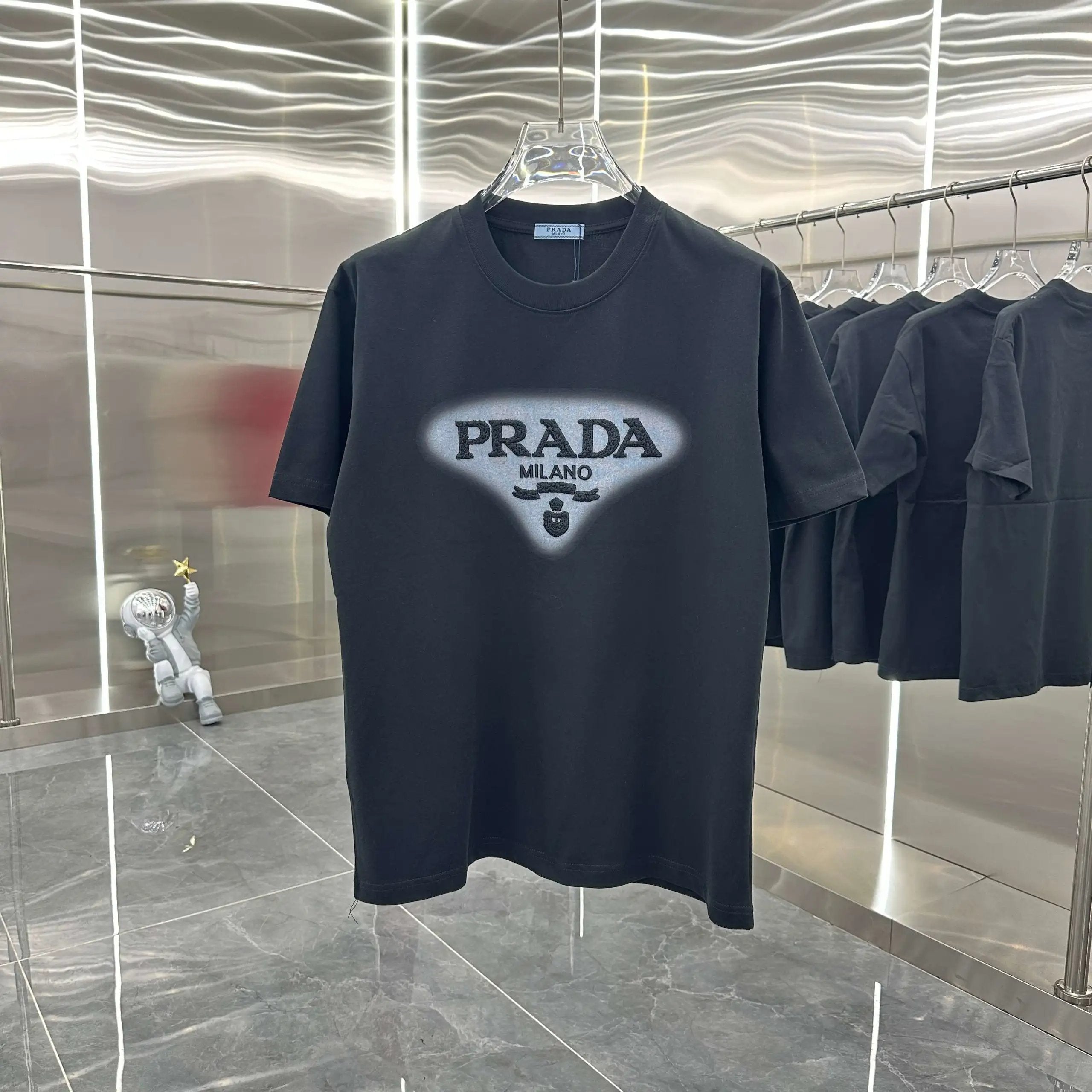 PRADA T-shirt Embroidered Hollow Design on the Chest logo round Neck Short Sleeve25ss New Pure Cotton Unisex Style T T-shirt OS Loose Fit Base Shirt Top Half Sleeve T-Shirt