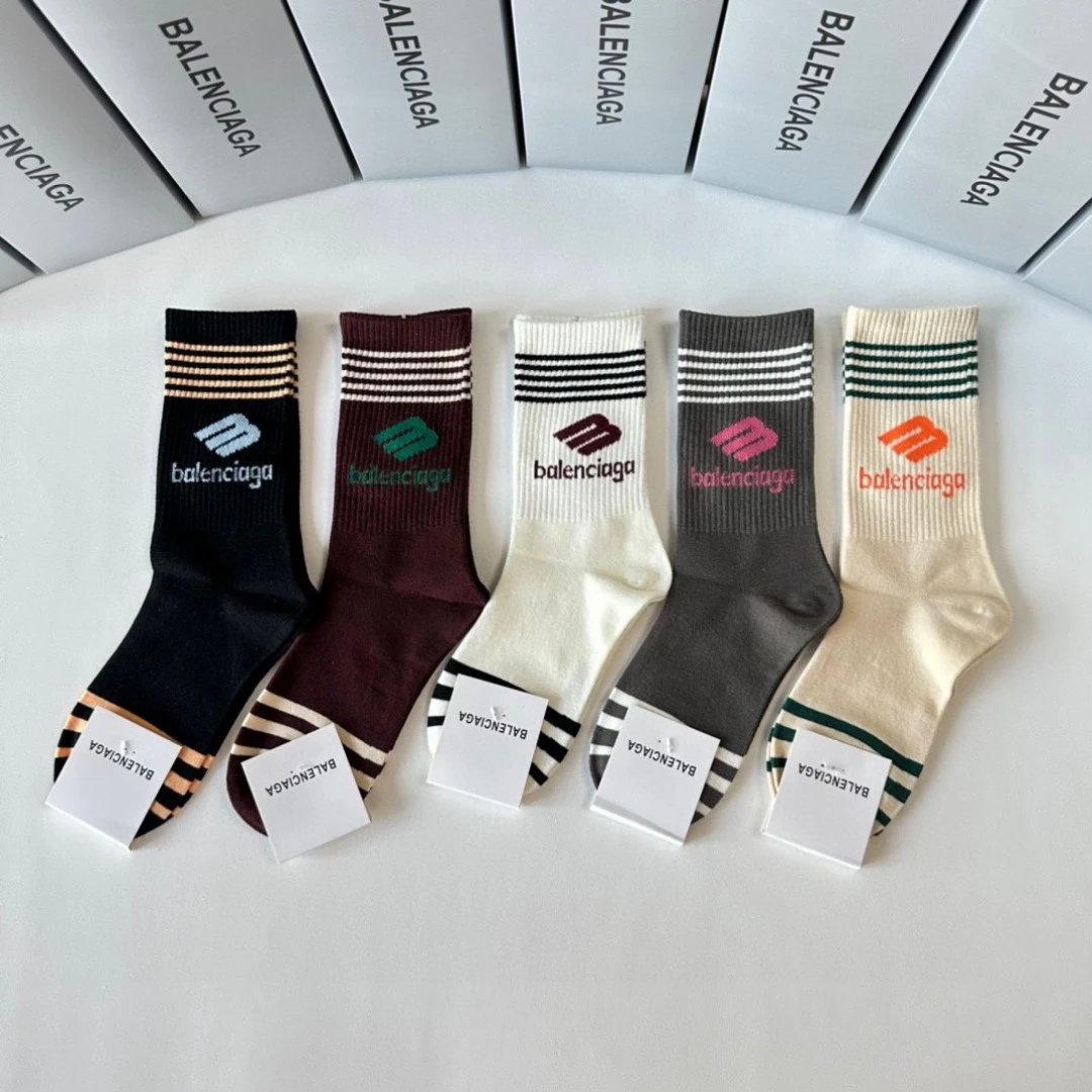Balenciaga Sock 【a Box5Double】Classic Letters logo Pure Cotton Mid-Length Slouch Socks Breathable Fashionable25ss New Cotton Socks Spring Summer Autumn Sports Casual Versatile Business Thin Deodorant Sweat-Absorbing