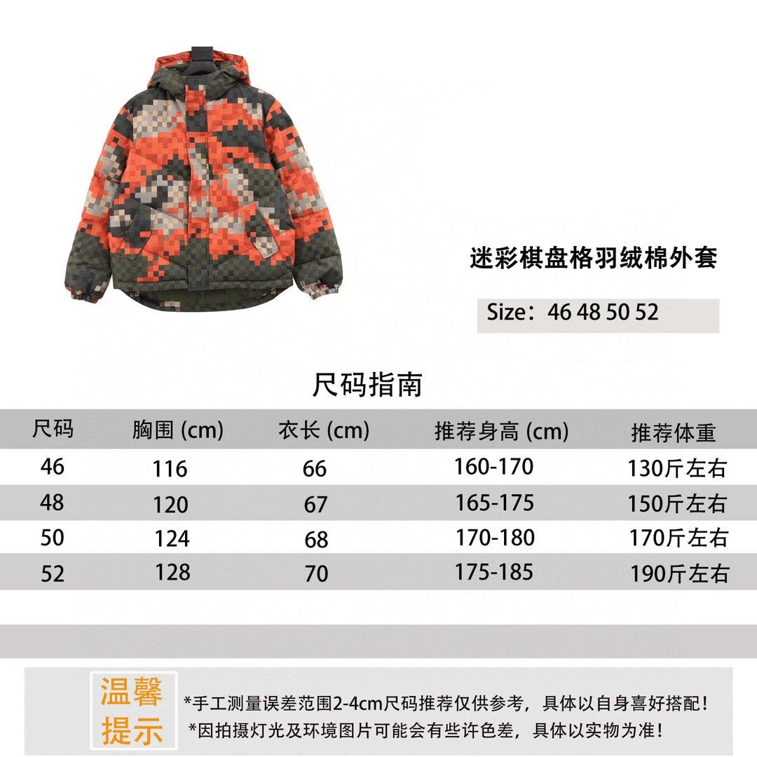 Louis Vuitton LV Down Jacket Camouflage Chessboard Plaid down Cotton Coat Same Style for Men and Women