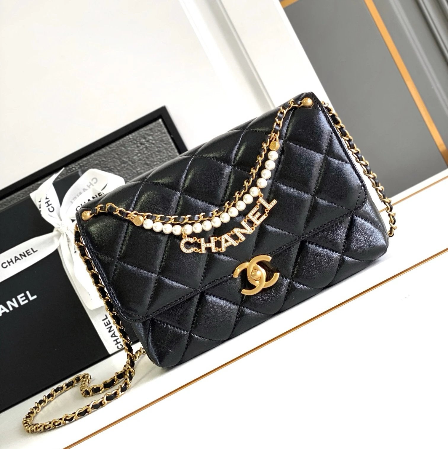 Chanel Women's Bag Top version 【Premium Original Leather】24A Pearl Chain Bag Rhinestone Letters Pendant CF Fang Fat Man Flap Bag24a Pearl Bag Pearl Chain Square Fat Original Lamb Skin Pearl Chain Flap Bag