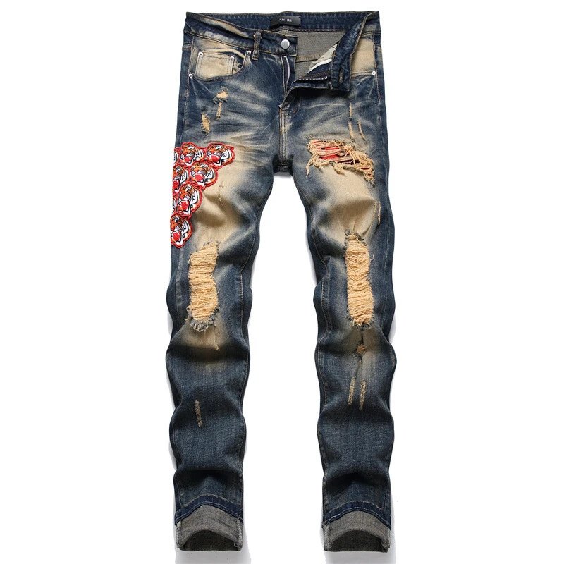 Amiri Jeans New Foreign Trade Style Fashion Blue with Holes Paste Cloth Embroidery Elastic Mid-Waist Feet Men's Jeans