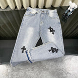 Chrome Hearts Jeans Front Cross Stitch Patch logo25ss Spring Summer New Straight Leg Jeans Unisex Slim Fit Long Pants Loose
