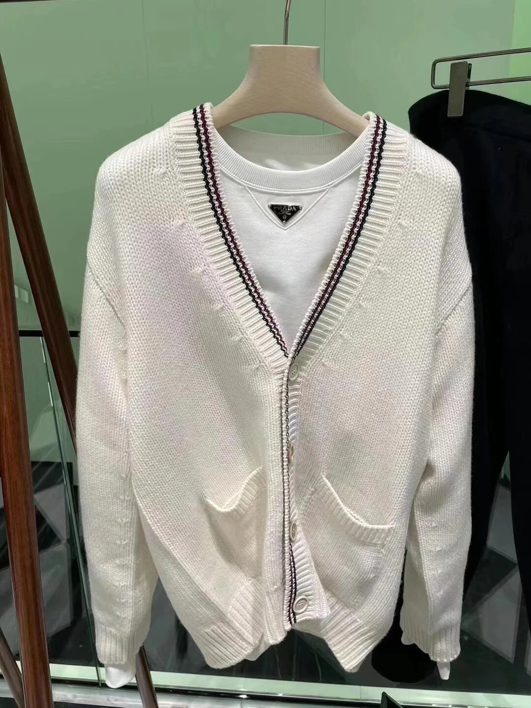 PRADA Sweater Red and Blue Striped Triangle Logo Wool Cardigan Coat Unisex Outerwear Long Sleeve Soft Lazy Style OS Loose Fit Thickened Versatile Casual Wear for Both Inner and Outer Layering