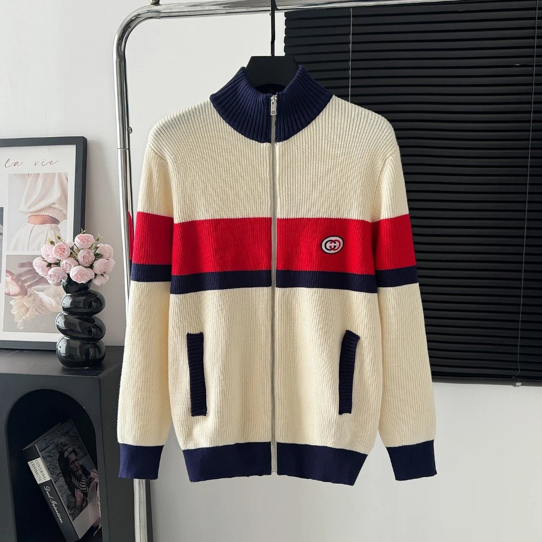 Gucci Sweater Color-Block Striped Zipper Sweater25ss Spring New Thickened Long Sleeve Pullover Unisex OS Loose Fit Top Versatile Casual Jacket Lazy Style