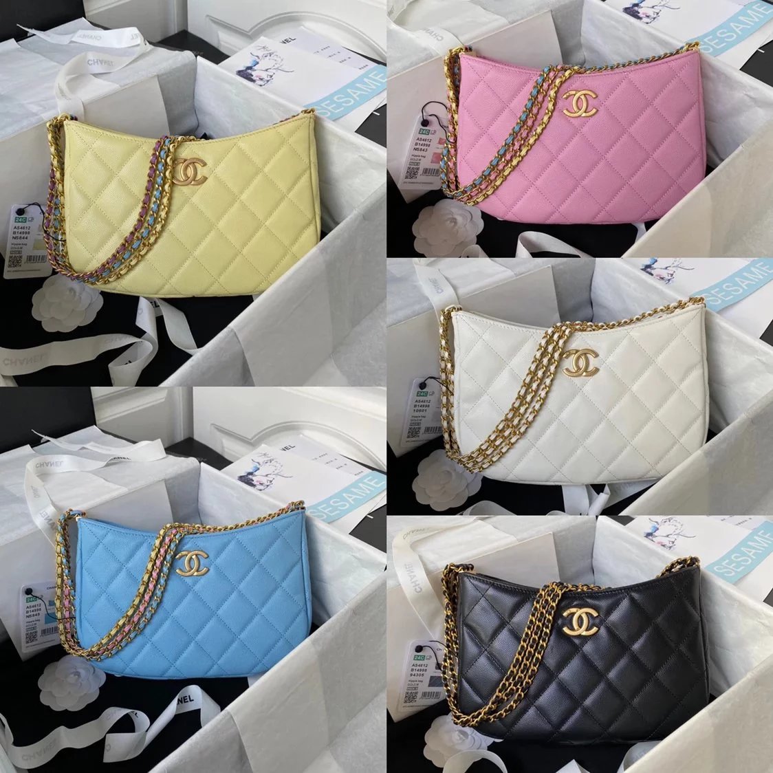 Chanel Women's Bag Top version 【Surrogate Shopping Version Original Leather】Season New24Cl/Small New Caviar Cowhide Double c Chain hobo Shoulder Bag Underarm Bag Color Chain Version hobo Bag AS4612AS4597