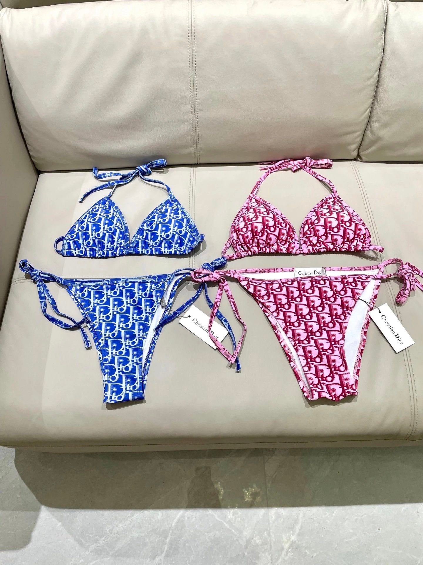 Dior Swimsuit Full-Length Letter Print Bikini Two-Piece Swimsuit Sexy Backless White Small Chest Gathered Beach Pool Women's Swimwear Vacation Hot Spring