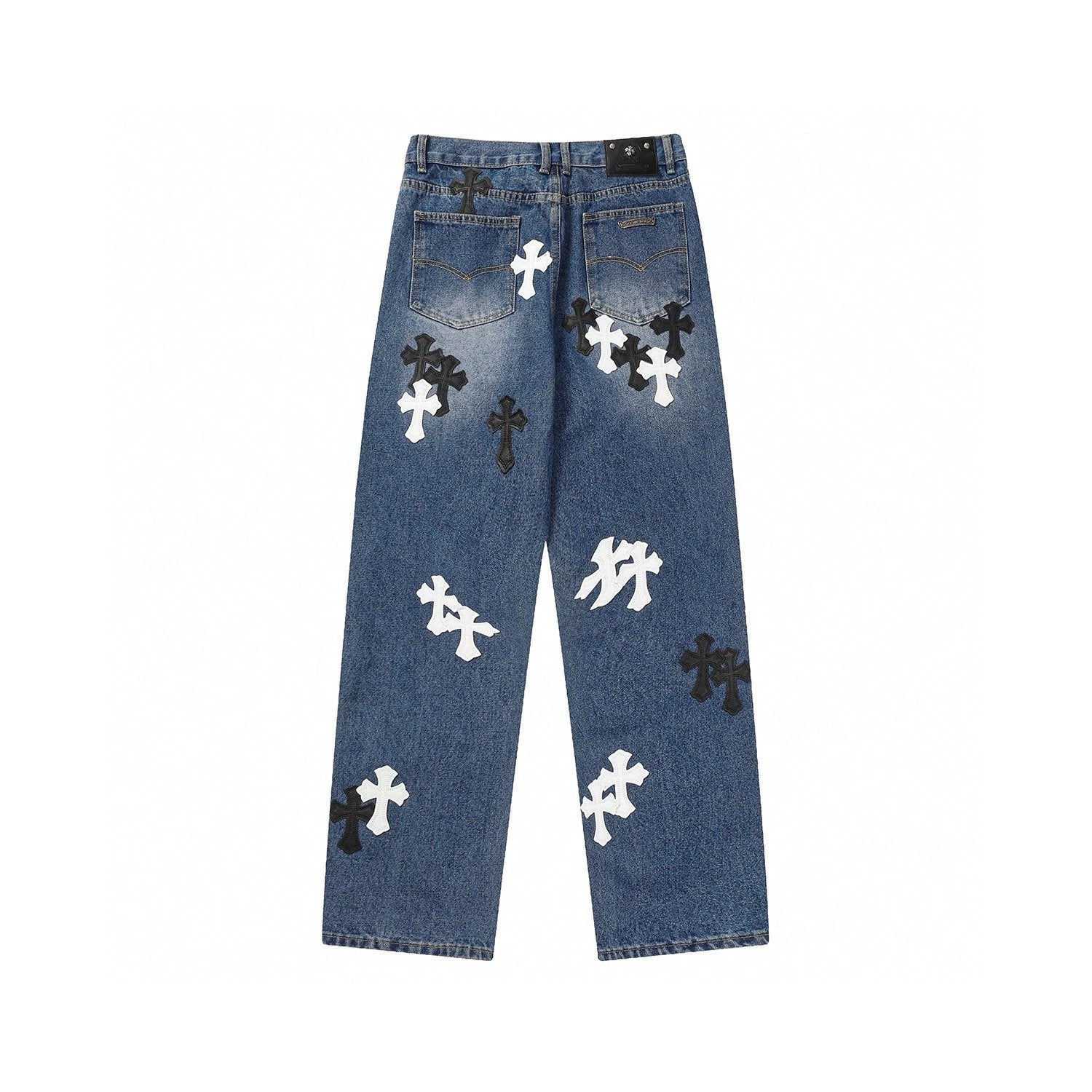 Chrome Hearts Jeans Top Version Cross Leather Tag Version Worn Jeans Casual Men and Women Slightly Loose All-Matching Contraction Trouser