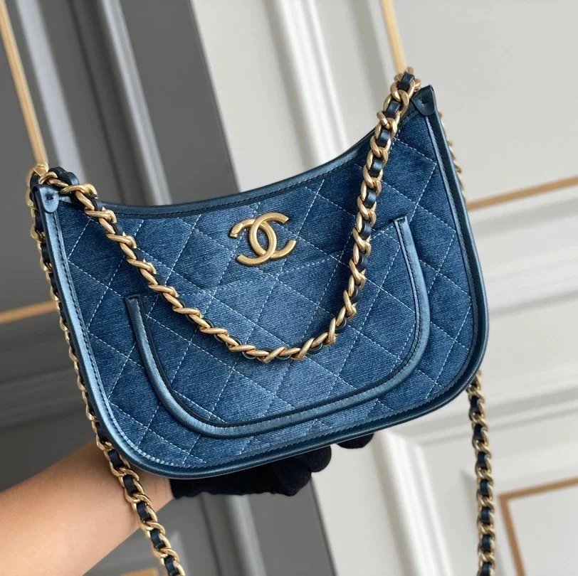 Chanel Women's Bag Top version 【Premium Genuine Goods Original Platinum Edition】24S Hot Hobo Crossbody Hippie Bag Original Factory Haas Calfskin Horizontal Version Hippie Bag Vertical Version Hippie Bag hobo Women's Bag Underarm Bag24s New Evlin Denim Den