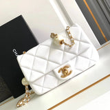 Chanel Women's Bag Top version 【Super Original Genuine Goods Leather】24S Popular Double Pearl Chain Bag Tangyuan Double Pearl Square Fat Man CF Bag Pearl Adjustable Buckle Large mini Bag Pearl Bag Double Bead Soup round Bag