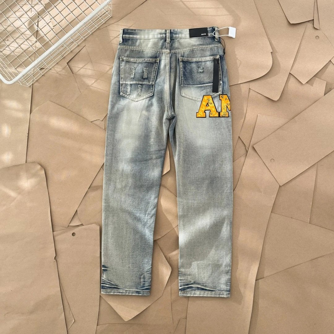 Amiri Jeans Front and Rear Yellow Ripped Letter-Printing logo25ss Spring Summer New Straight Loose Jeans Unisex Slim Fit Long Pants