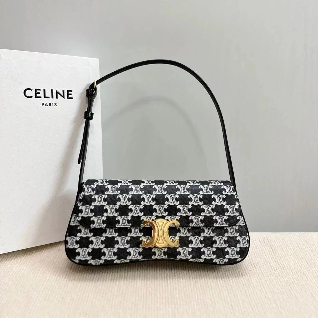 Celine women's bag Top version 【Super Original Leather】2024New Ladies NewLOLA Medium Logo Printed Handbag Retro Twist Lock Bag Lola Handbag Arc De Triomphe Underarm Bag Women's Bag Casual Bag Shoulder Bag Baguette Bag115532115533