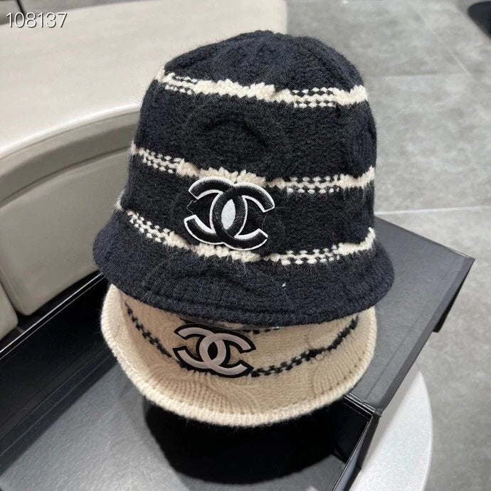 Chanel Hat Two-Color Knitted Fisherman Hat Women's Autumn and Winter Face Big Suitable Hat Face Small Bucket Hat All-Matching Basin Hat