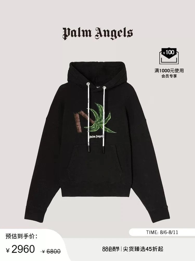 Palm Angels Hoodie Top Version Men's Black Cotton Broken Tree Printed Hoodie