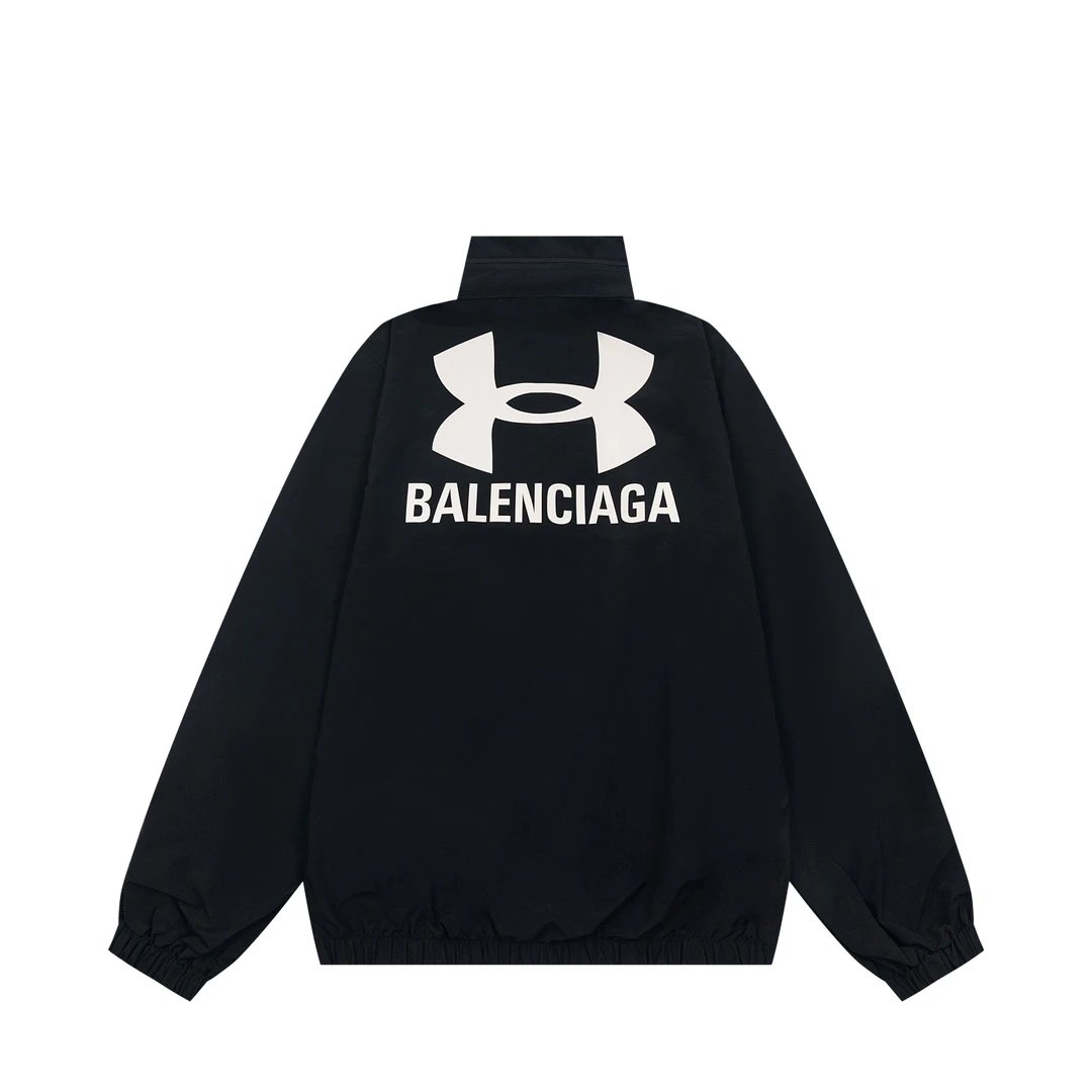 Balenciaga Jackets Collaboration Print Logo Waterproof Jacket with Hidden Hood, Casual Loose Stand Collar Cardigan Sportswear os Unisex Style24ss Autumn and Winter New Products