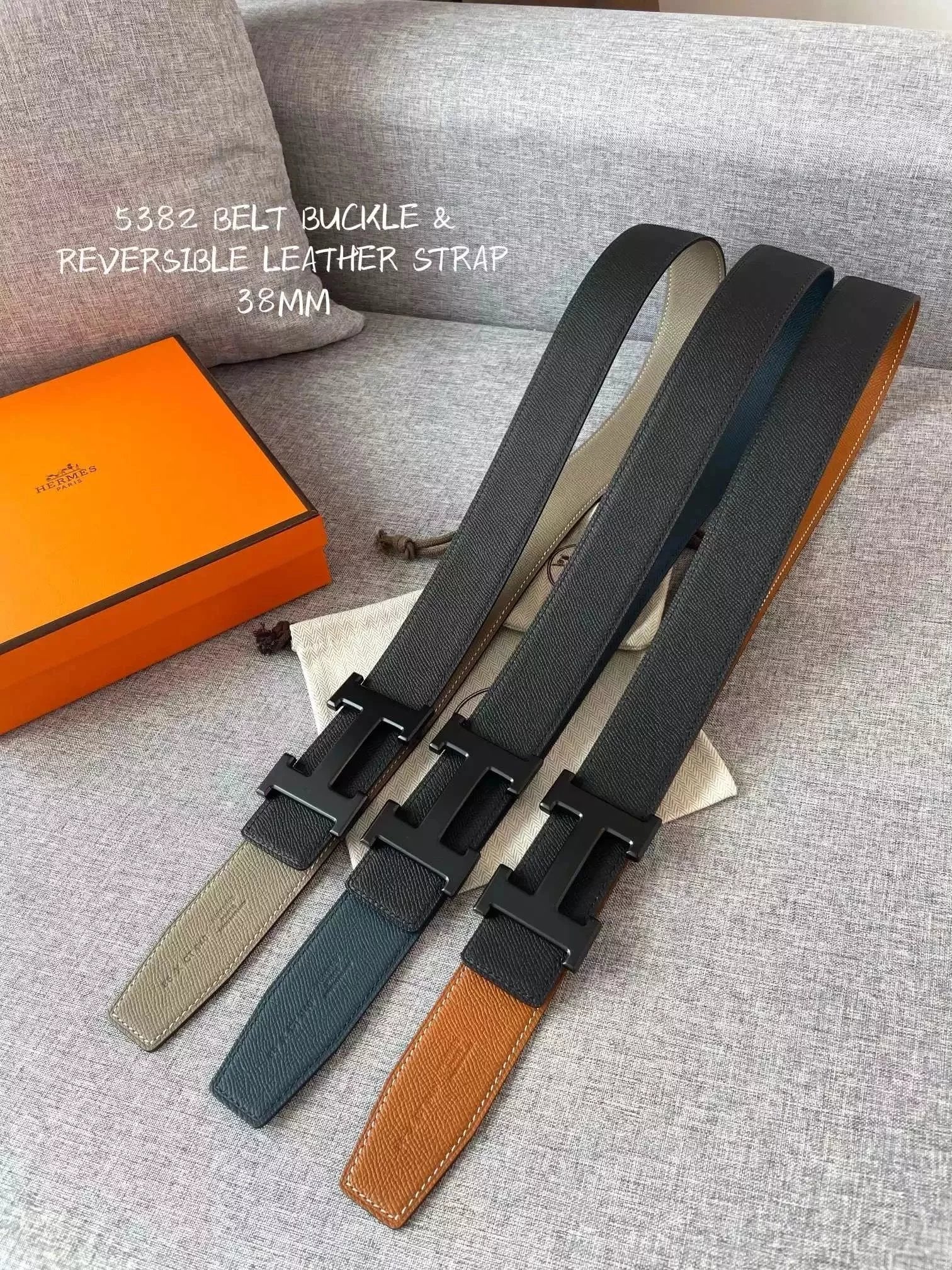 Hermes Belt Top version New New3.8cm Men's and Women's Fashion Business Belt Boutique Sand Black H Steel Buckle Double-Sided Calf Leather