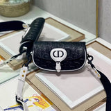 Dior Women's Bag Top version 【Original Leather】2022New Bobby Handbag Hollow Bobbi Bag Black and White Panda Color Matching Shoulder Messenger Bag Made of Hollow Cow Leather Oblique Printing Effect New Women's Bag Selenodont Bag Crossbody Bag Saddle Bag