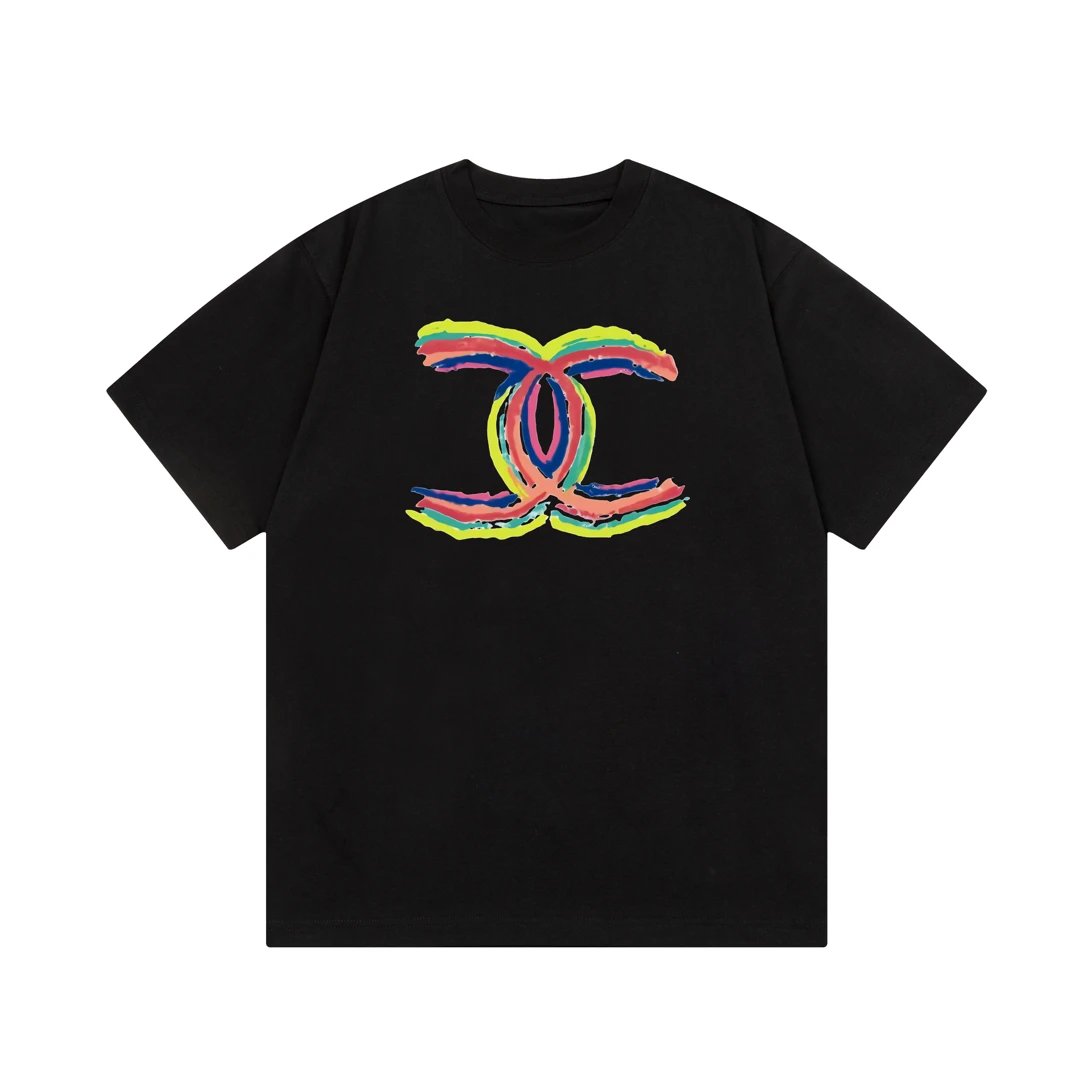 Chanel T-shirt Rainbow Letter Direct Print logo round Neck Short Sleeve25ss New Pure Cotton Unisex Style T T-shirt OS Loose Fit Base Shirt Top Half Sleeve T-Shirt