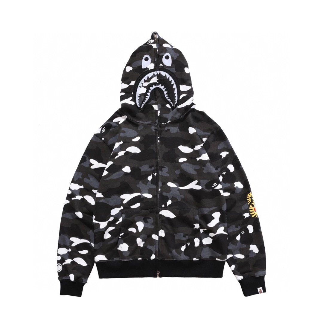 Bape Hoodie Top Version Correct Version Japanese Style Fashion Brand Camouflage Shark Head Hooded Sweater Loose Fleece-lined Limited Coat for Men and Women